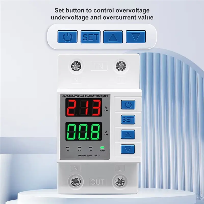 TOVPD1-63DK 63A Relay Automatic Adjustable Delay-On Voltage Protector OVP OCP UVP 110V 230V AC Din Rail Isolate L N New