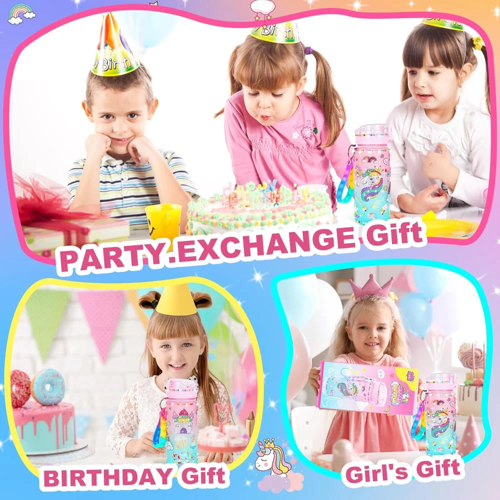 Decorar sus propios kits de botellas de agua para niñas, gema de unicornio, manualidades de pintura de diamantes para niñas, juguetes artesanales, regalos de unicornio para cumpleaños