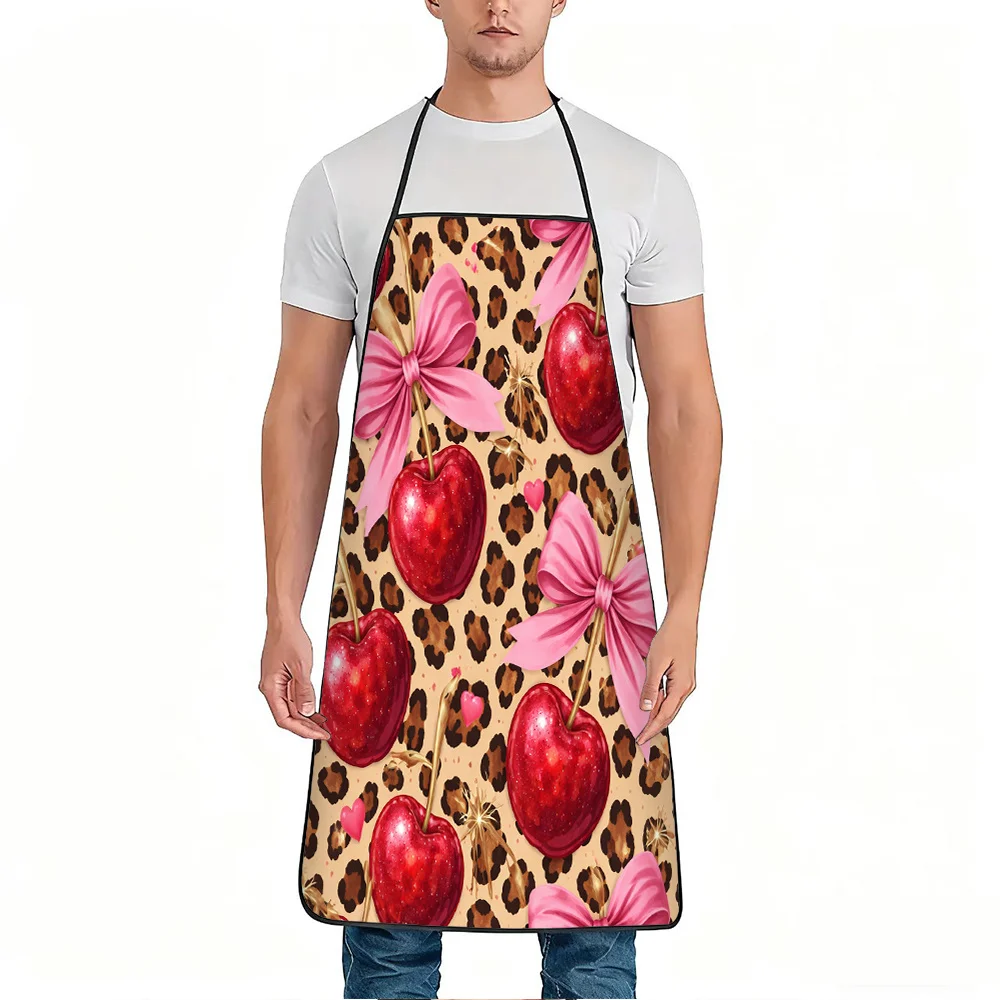 1pc Red Cherry Pink Bow Leopard Print Apron, Durable And Easy to Clean, Adjustable Waistband, Polyester Material, for Kitchen Co