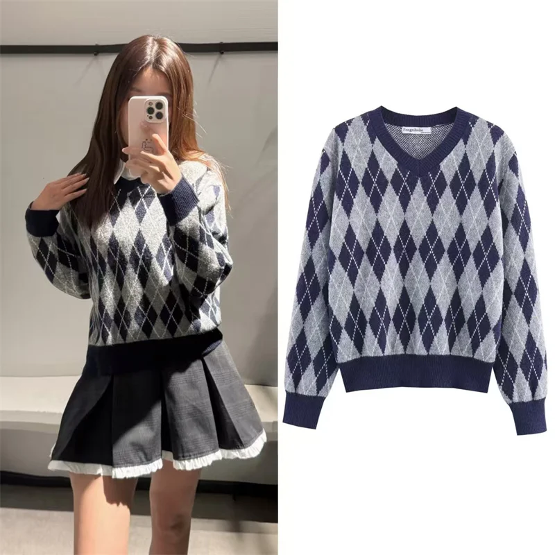 

Blue & Grey Argyle Sweater Women Crew Neck Long Sleeve Pullovers Jumper Shcoolgirl Fall Winter Preppy Style Outfit