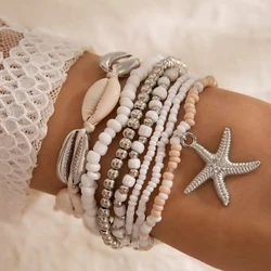 Tocona Bohemian Resort Style Shell Beaded Weaving Bracelet Beach Style Starfish Rice Beads Seven Piece Set for Women 25134