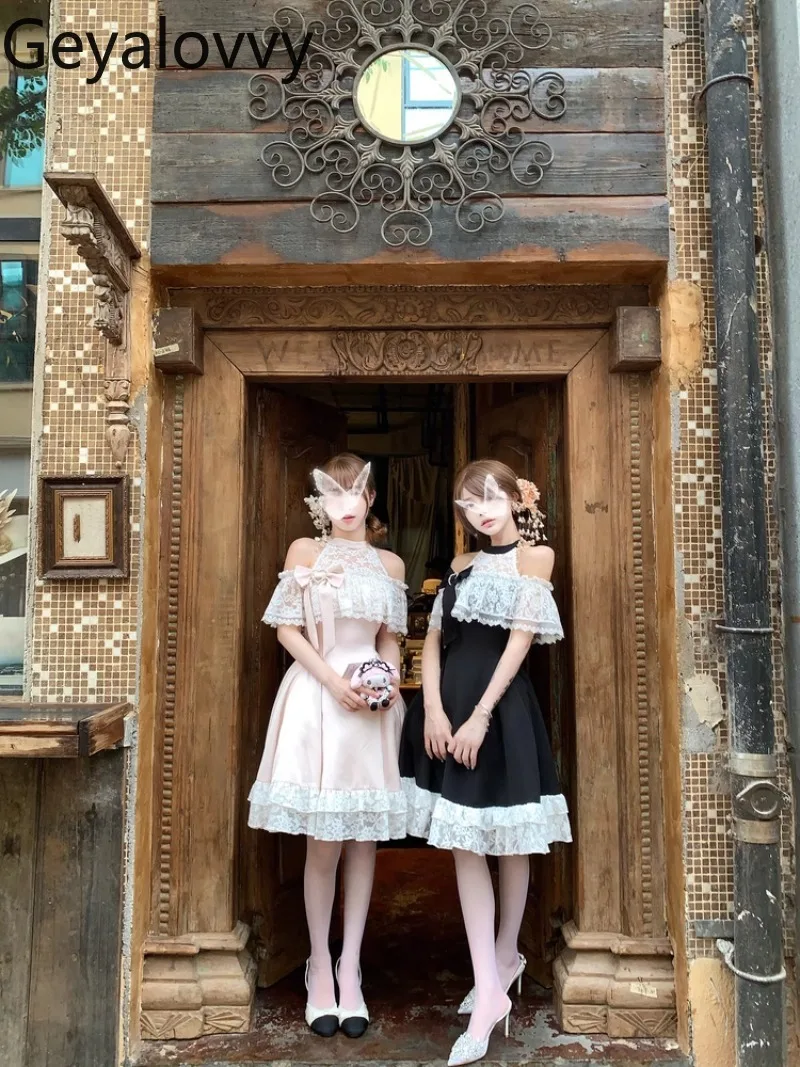 

Summer New Off-the-shoulder Neck Bow Lace Dress Original Sweet Cute Girl Vacation High-waisted Slimming Short A-line Dresses
