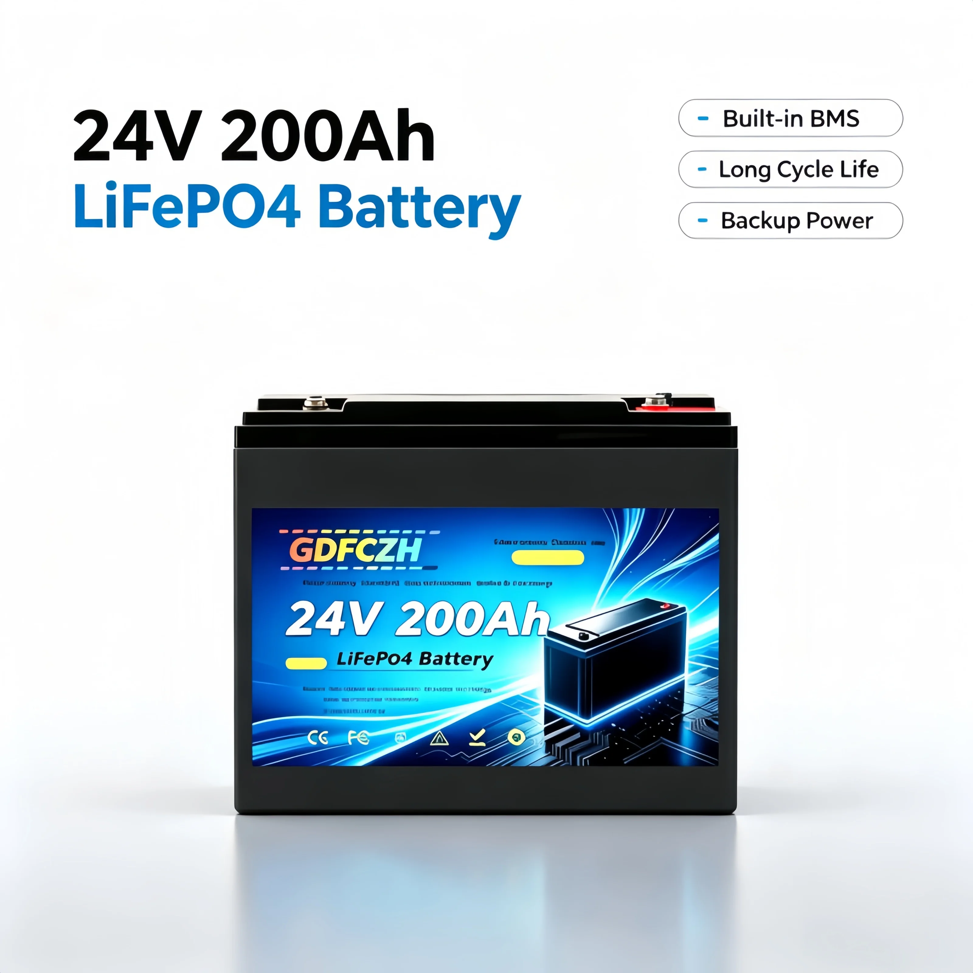 Deep Cycle 24V LiFePO4 Battery 200Ah Built‑in 200A BMS Solar Energy Storage Battery For RV Yacht Off‑Grid Power Application