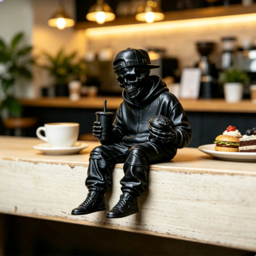 Hip‑Hop Foodie Skull Sitter Figurine 3D Print Cool Skeleton Ornaments Statue with Burger Drink Edge‑Sitting Bookshelf Home Decor