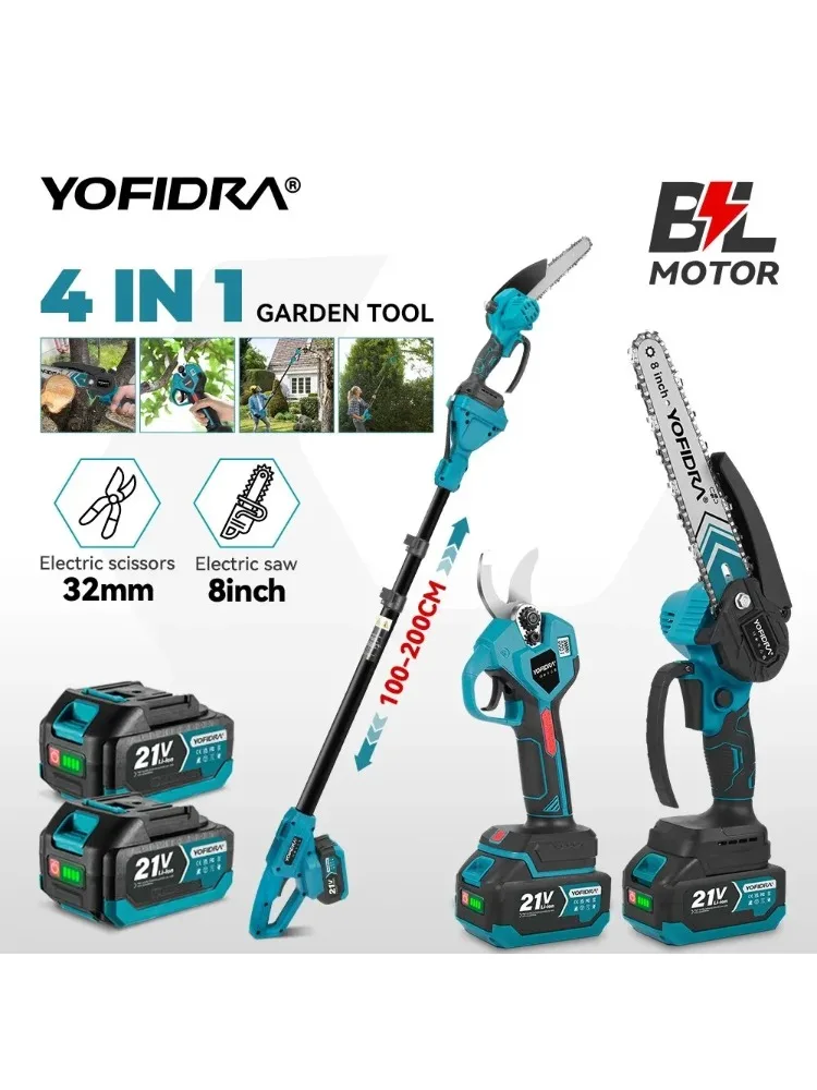 YOFIDRA 4-in-1 bürstenlose Teleskopstangensäge, 8-Zoll-Kettensäge, 32-mm-Gartenschere, Baum-Astschere für Makita-Akku