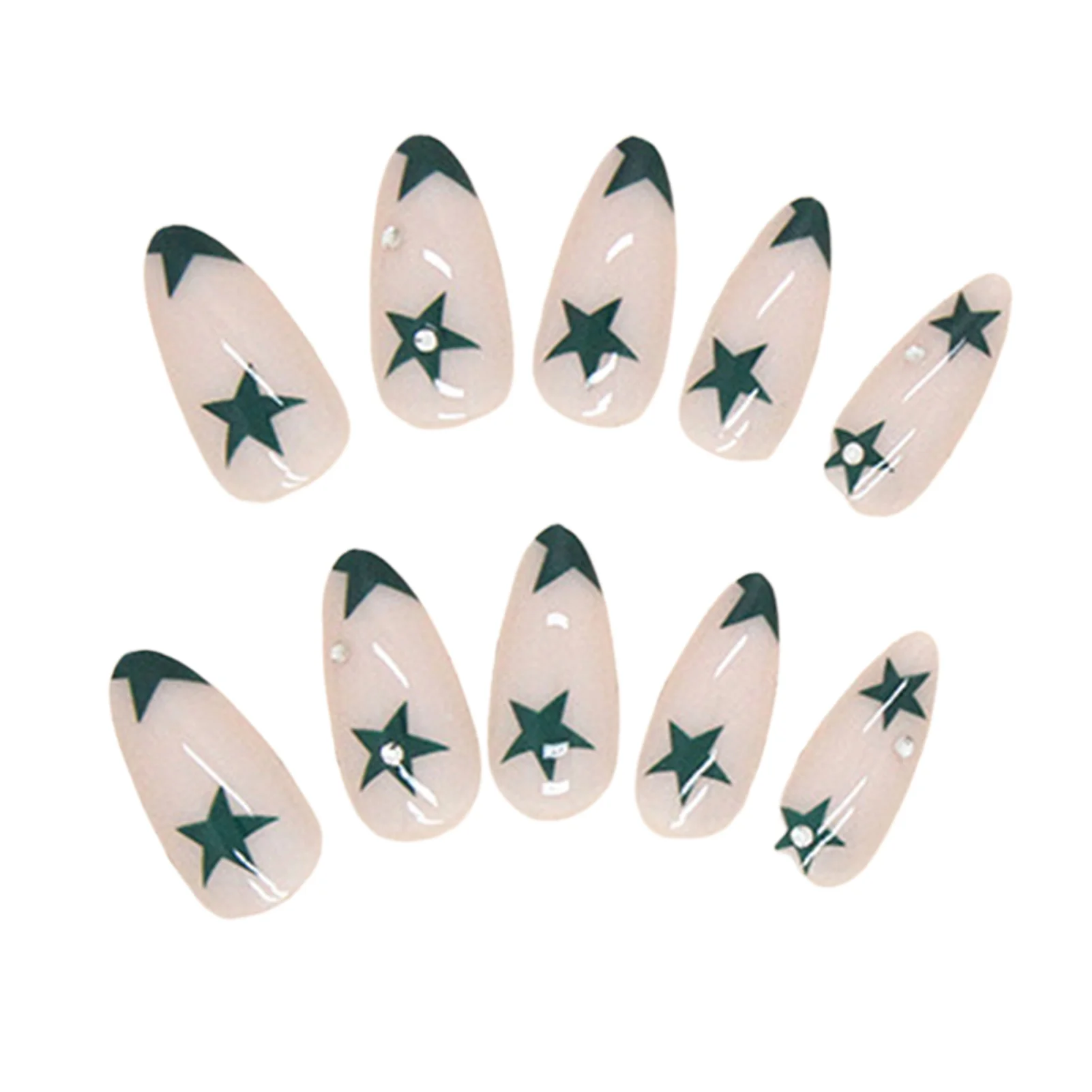 Women's False Nails Party Activity Almond Shape Glossy Green Stars Rhinestone Press on Nails Elegant Manicure Kit