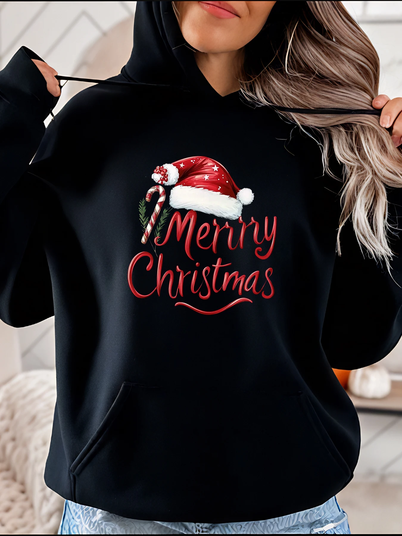 Vrolijk kerstfeest kerstmuts snoepgoed print hoodie casual vakantie trui dames winteroutfit