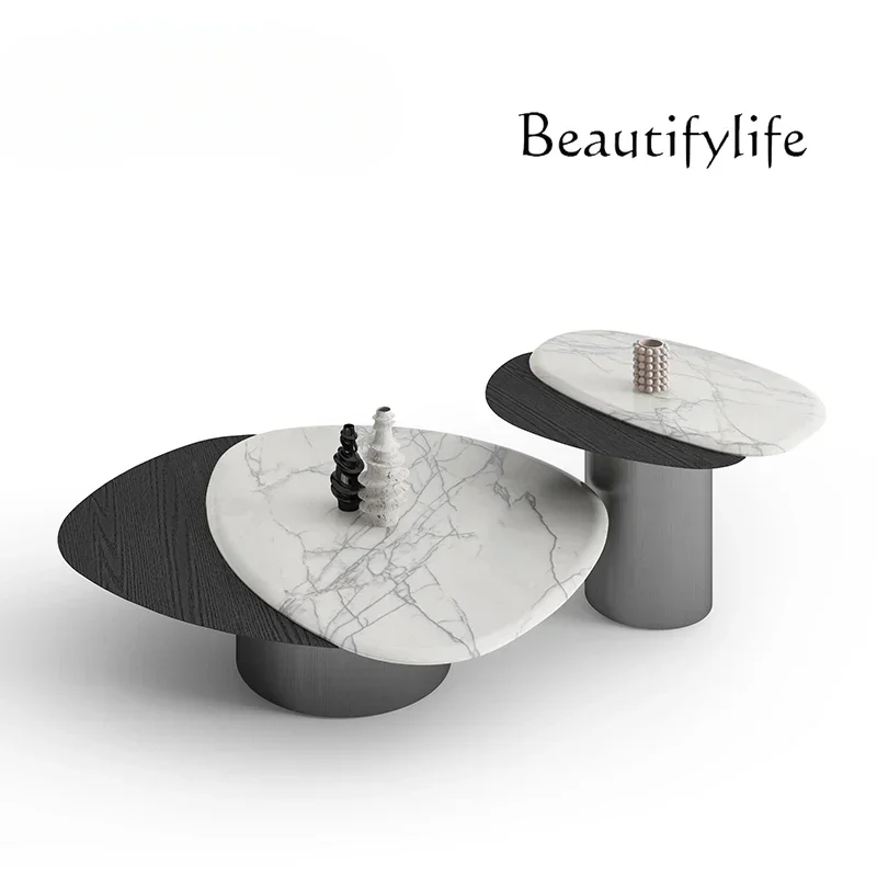 

56Combinazione laterale di tavolino da caffè in marmo di pietra di lusso minimalista italiano/pietra naturale + legno massello/m