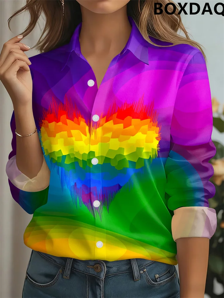 Autumn Long Sleeved Lapel Blouse For Women Fashionable Gradient Pattern Printed Button Shirts Casual Women's Vacation Date Tops