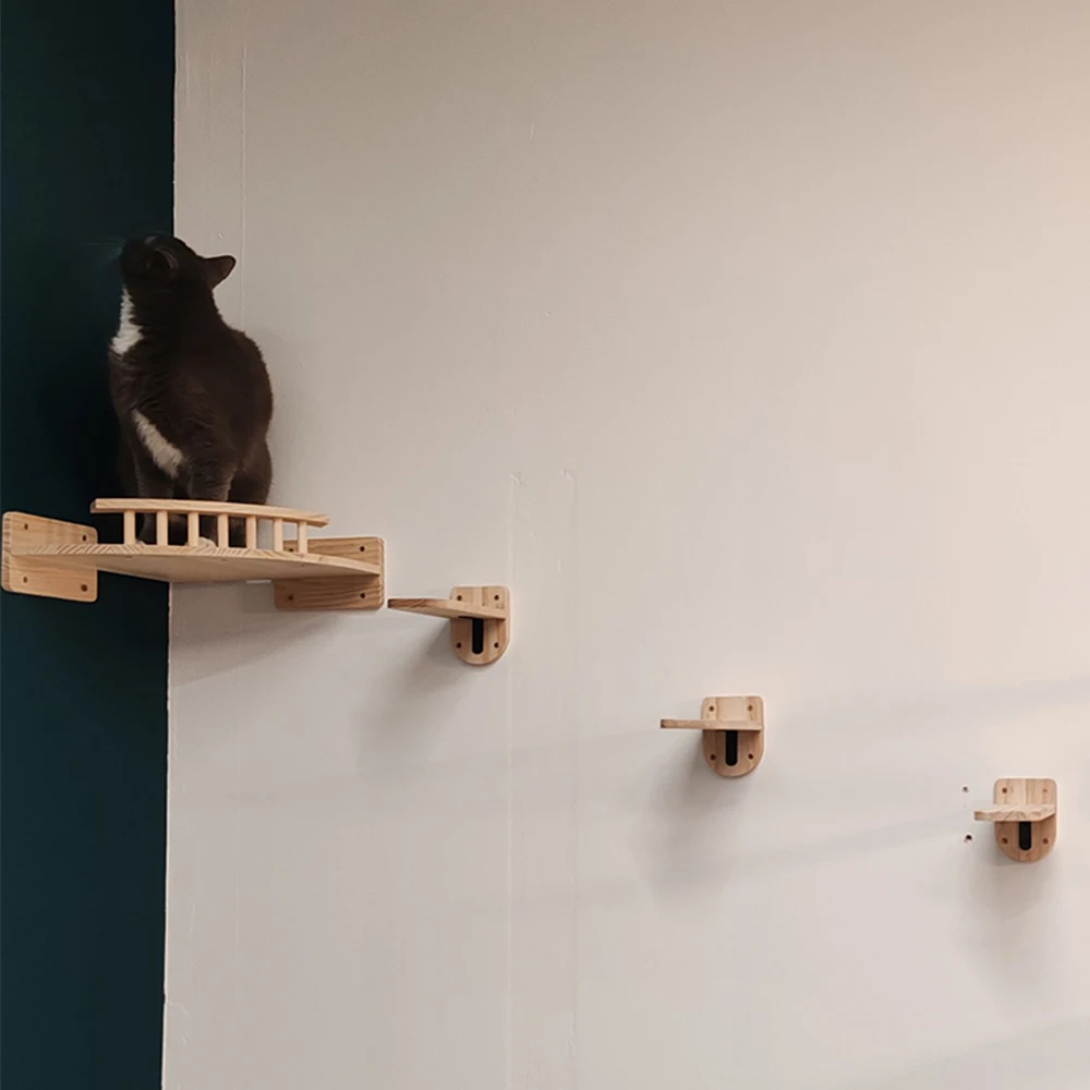 Wall Mounted Cat Wooden Climbing Shelves Cat House and Jumping Platform with Pedals or Stairway for Kitten Perch and Rest