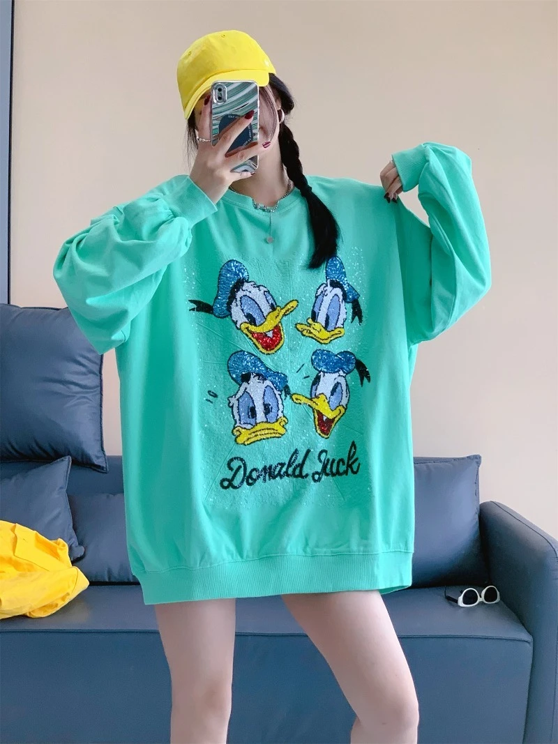 2025 Autumn New Loose Mid-Length Embroidered Cartoon Long Sleeves Versatile Hoodies Heavy Industry Women's Y2k Sweatshirt Jacket