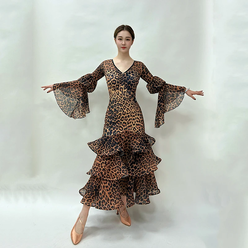 

2026 Ballroom Dance Costumes Women Leopard Tops Ruffled Fishbone Skirt Waltz Dance Performance Dress Competition Dress BL17907