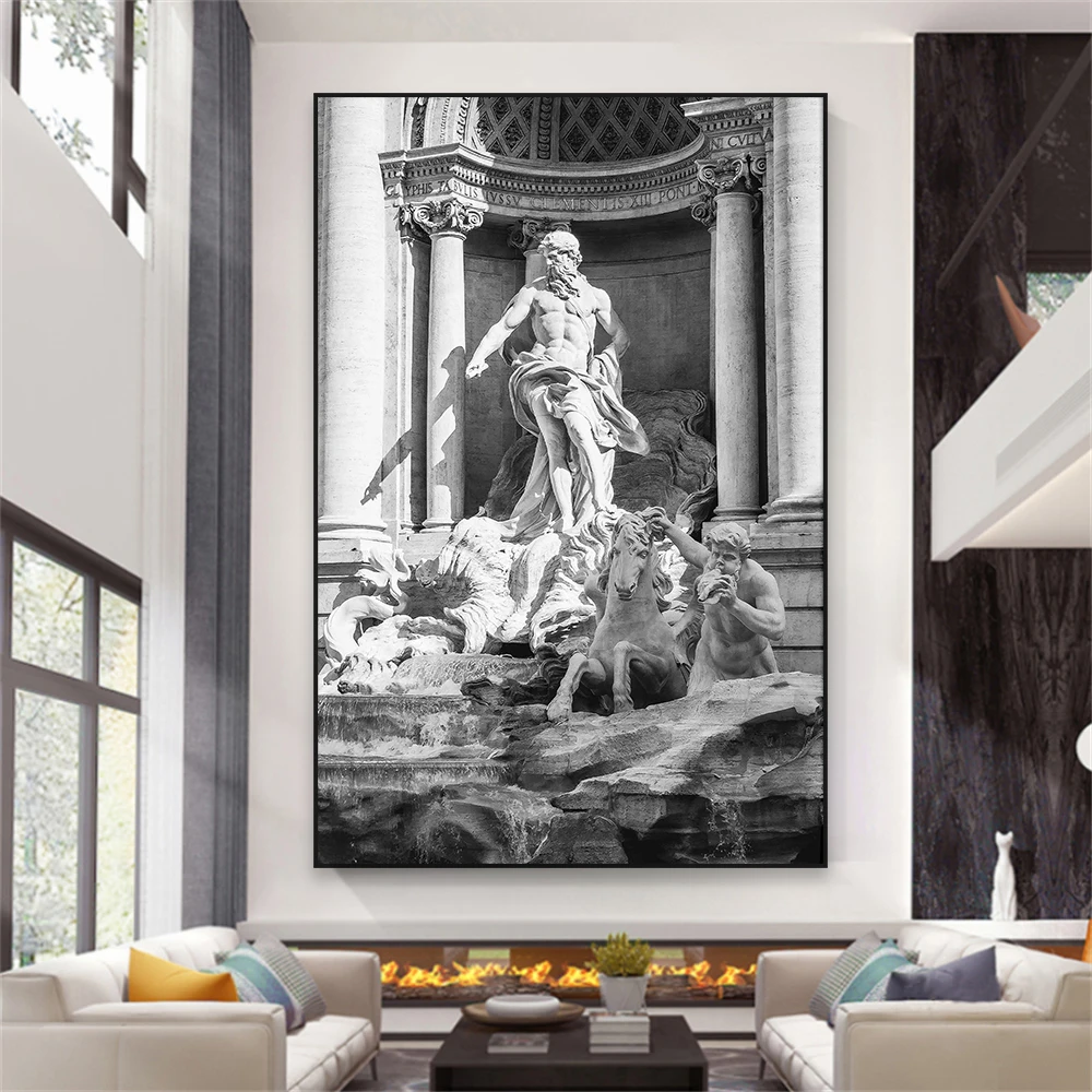 Greek Wall Art Poster Black and White Trevi Fountain Sculpture Prints Rome Marble Statue Canvas Painting Home Living Room Decor