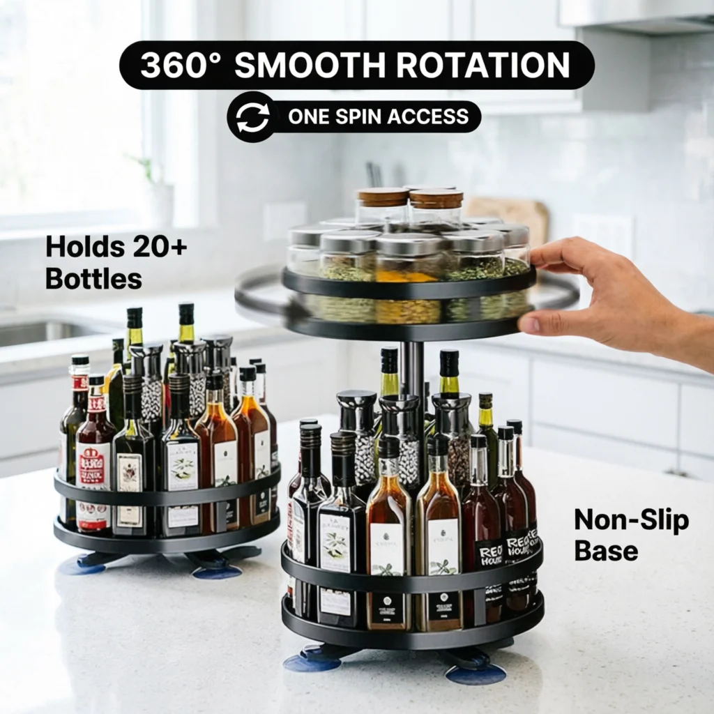

360° Rotating Spice Rack Organizer - Lazy Susan Turntable for Kitchen Counter | Holds 20+ Bottles | Space Saving Design |