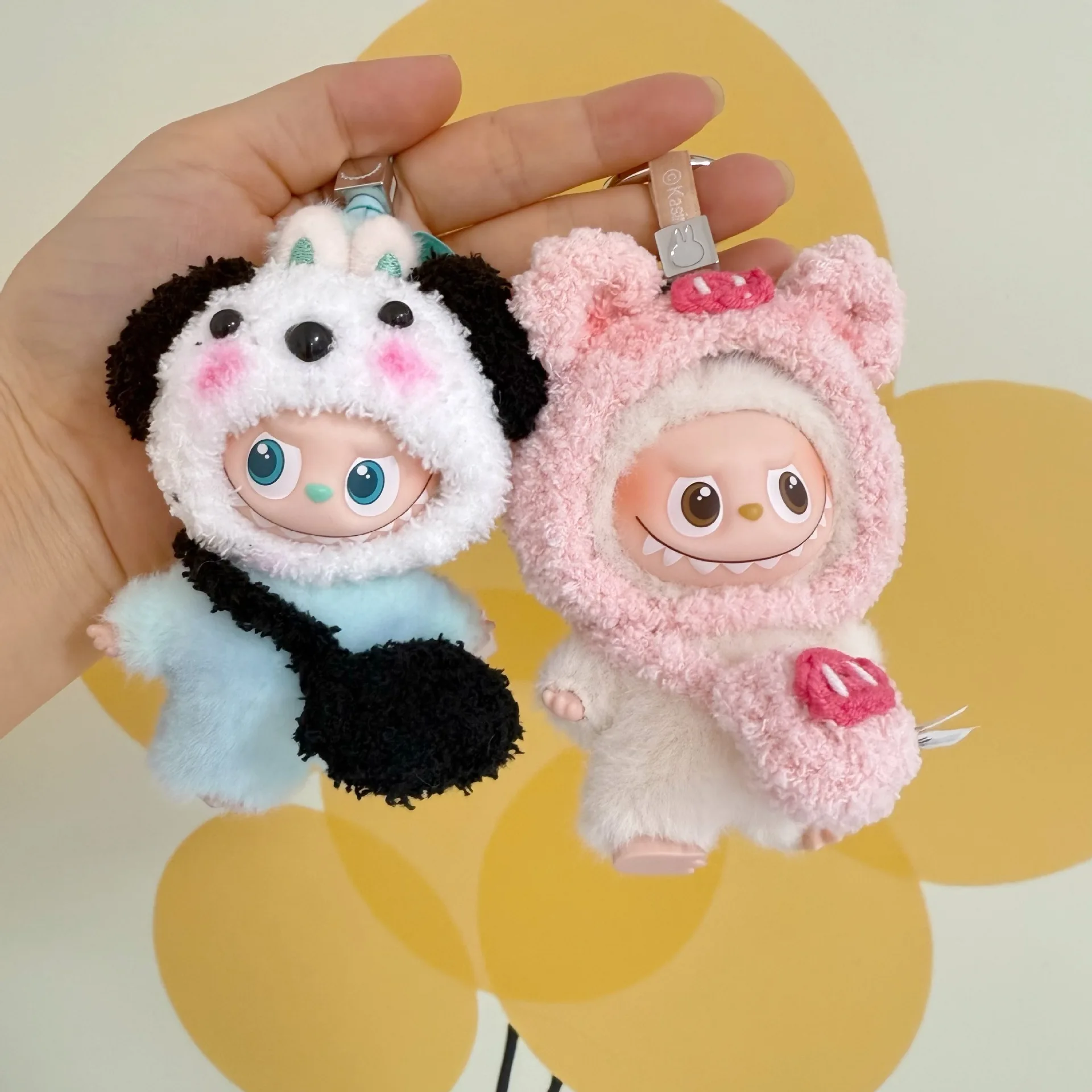 

10cm Mini Labubu 4.0 Doll Clothes 4th-Gen Labubu Handmade Pom-Pom Hat Elephant Pink Pig Hat & Panda Headcover for Mini Labubu