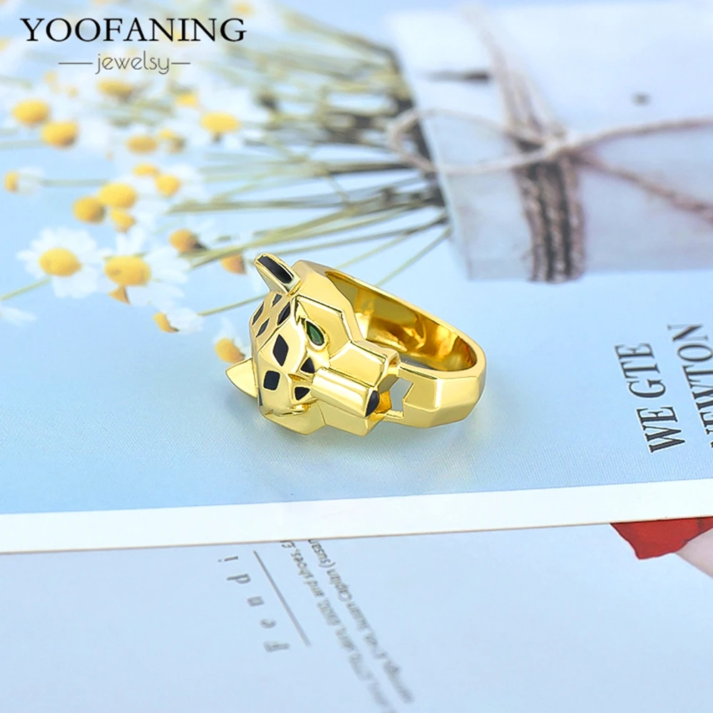 FOOANING24K cincin desain hewan motif macan tutul unik cincin pria dan wanita modis ukuran 6/7/8 mewah pesta perhiasan