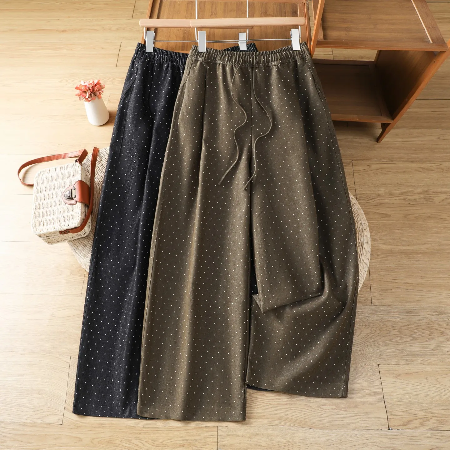 New Korean Style Loose Fit Casual Pants Polka Dot Drawstring Elastic Waist Thin Long Straight Leg Wide Leg Ladies Trousers