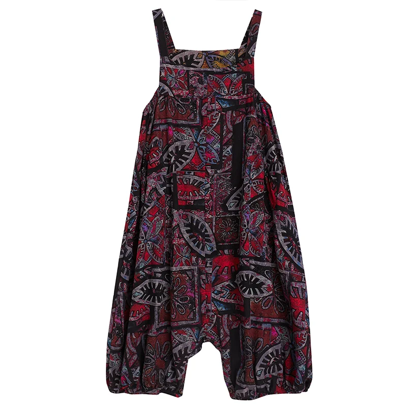 Macacão de linho de algodão com estampa floral, tamanho grande, ajuste solto, calças casuais de verão, calças cargo de nove facas para mulheres plus size