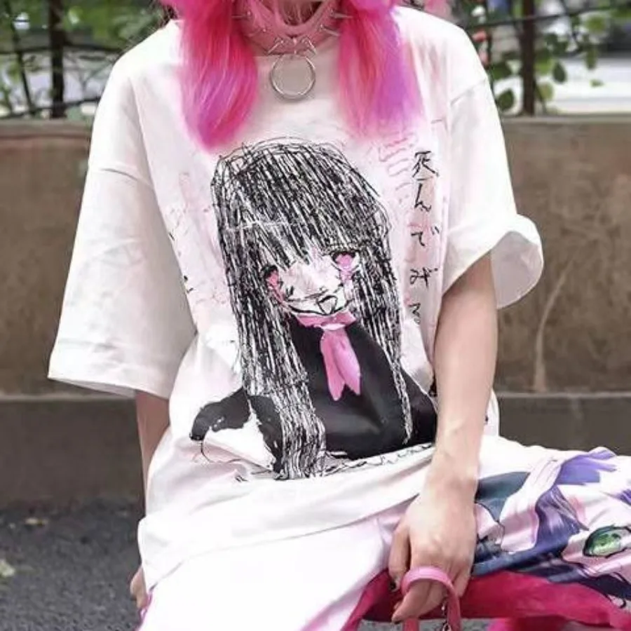 

Abby Harajuku Anime Soft Girl Printed T-shirt Japanese Anime Loose White Top Kawaii Clothes Ropa De Mujer Camisetas