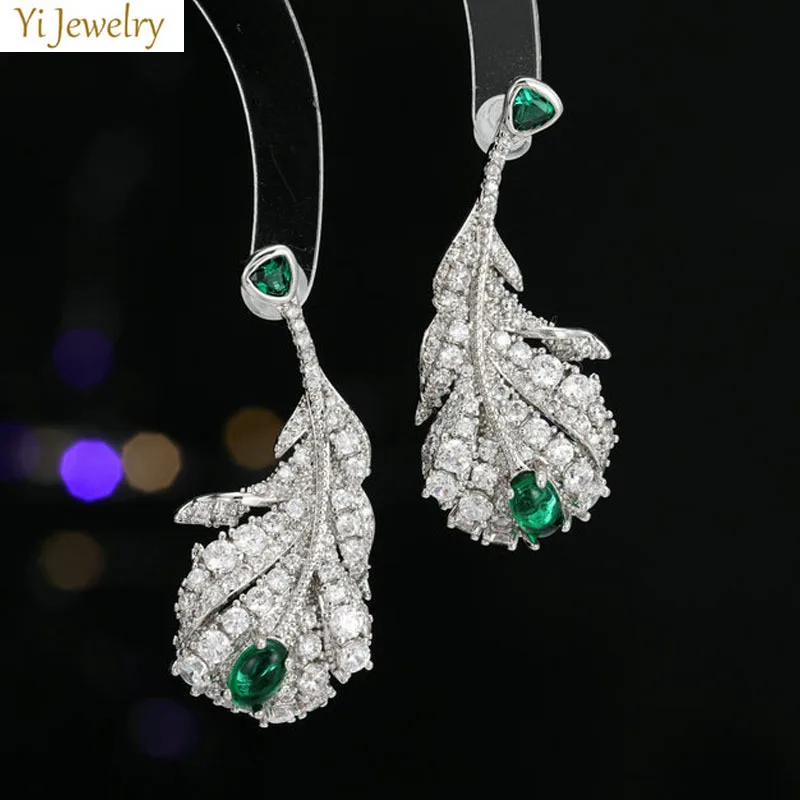 

Green Leaf Earrings for Women Luxury Jewelry Shiny Zircon Feather Earrings Wedding Bridal Dinner Party Jewelry Anniversary Gift