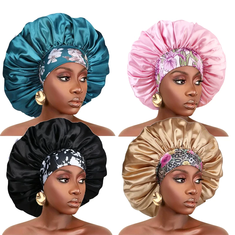 Vrouwen Extra Grote Zijdeachtige Satijnen Haarmuts Dik Haar Slaapmuts Elastische Band Beanie Afrikaanse Headwrap Bloem Tulband Chemo Caps