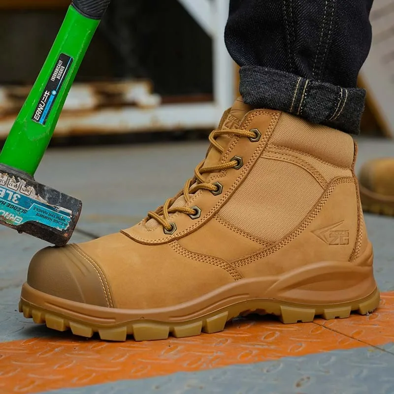 Botas de cuero de vaca de alta calidad para hombre, zapatos de seguridad con punta de acero, zapatos de trabajo protectores antigolpes y