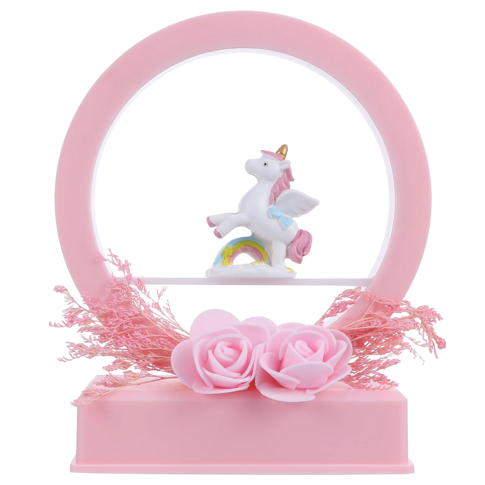 

Pink Rainbow Unicorn Night Lamp Music Bell Dry Flower Bedroom Decor Creative LED Light Home nament Resin Material Safe Kids Room