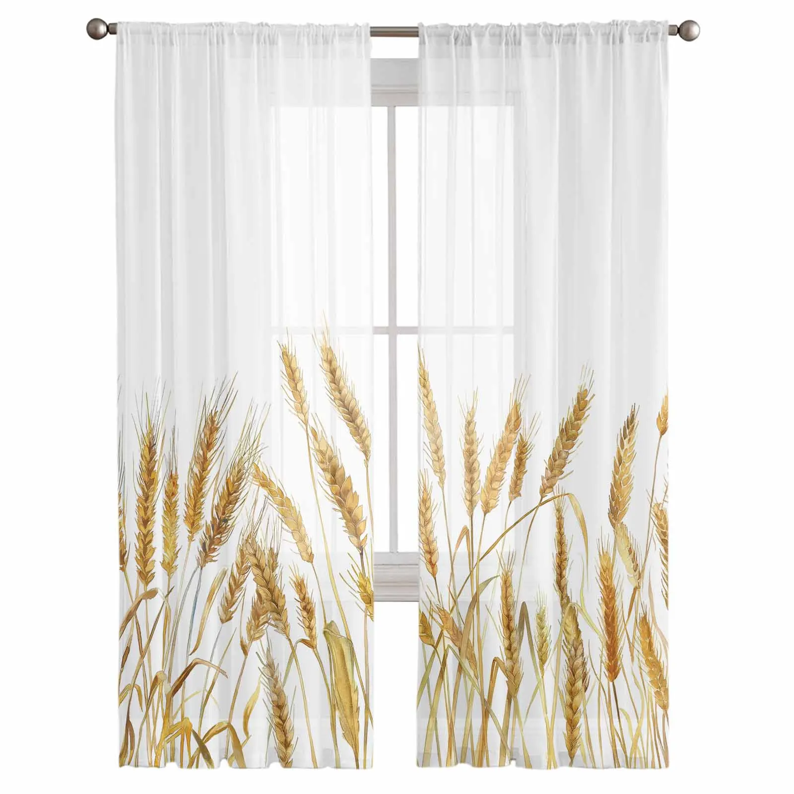 Autumn Hand Drawn Wheat Retro Tulle Curtains for Living Room Sheer Curtain for Bedroom Kitchen Blinds Voile Curtains