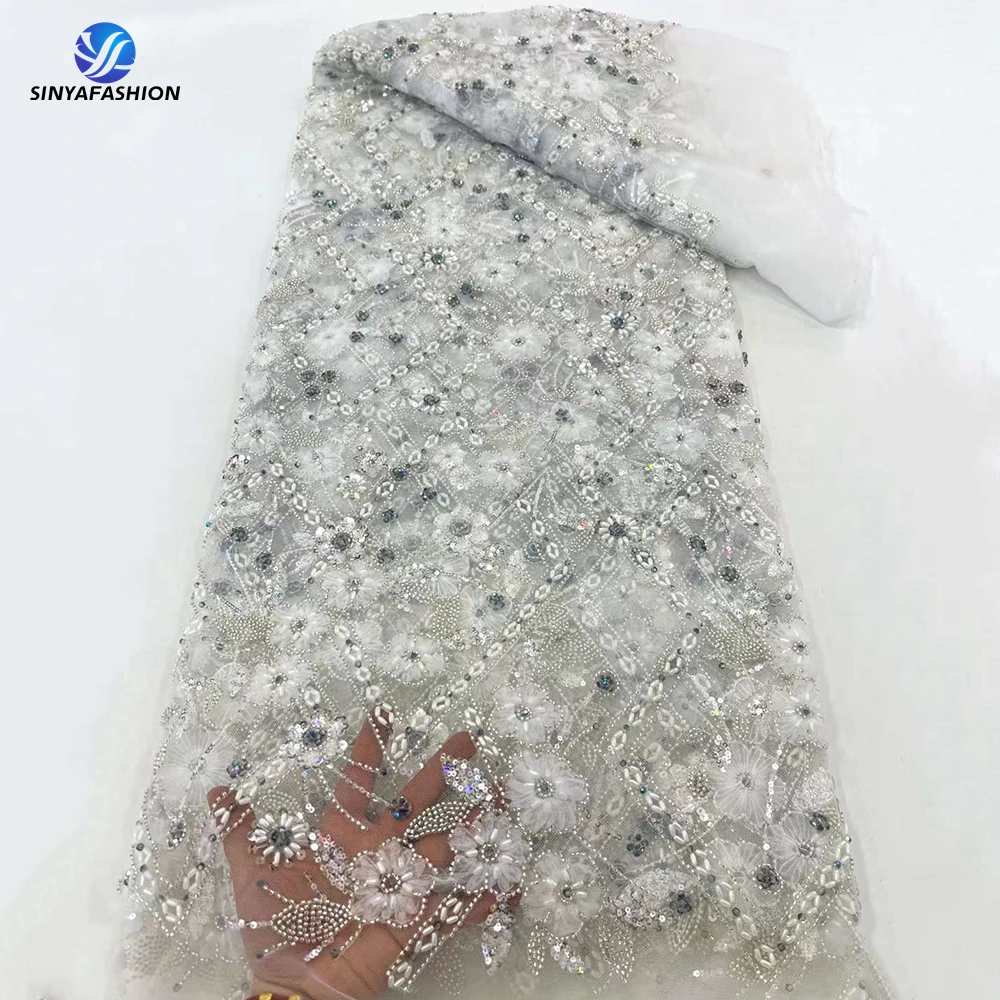 

Sinya Heavy Long Beads Embroidery African Lace Fabric 2024 High Quality 5 Yards Wedding Dress Luxury Beaded Lace Fabric
