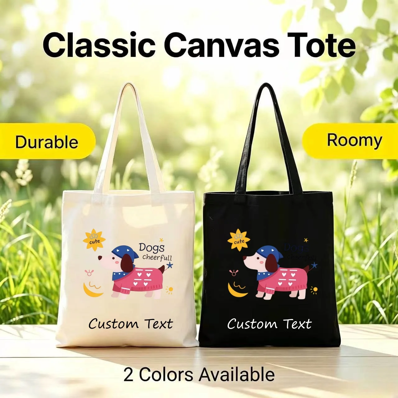 Custom Canvas Tote Bag Cute 1PC Cartoon Dachshund Dog Print Custom Text Eco Reusable Shopping Shoulder Handbag