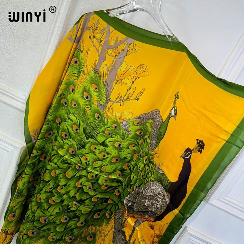 WINYI maxi summer dresses sexy african women dress Peacock print beach wear evening dress Femme kaftan Muslim beach cover ups