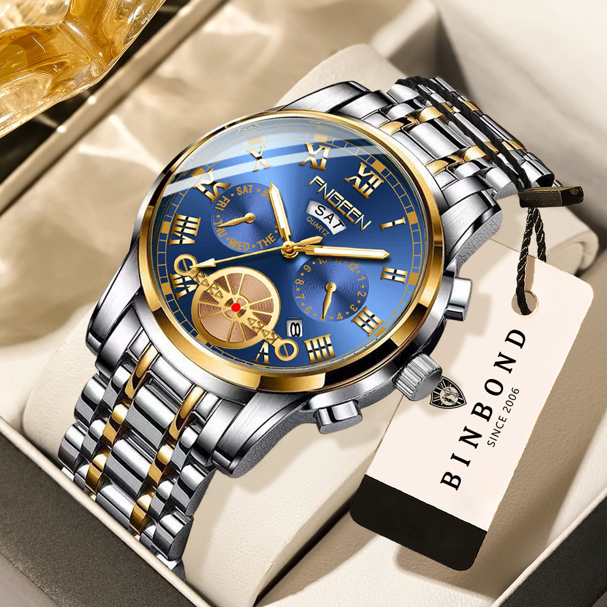 

BINBOND Роскошные деловые часы с кварцевым механизмом, водонепроницаемые, светящиеся, с указанием дня недели и даты, кожаный и стальной ремешок, мужские часы, модные, повседневные, спортивные, reloj.