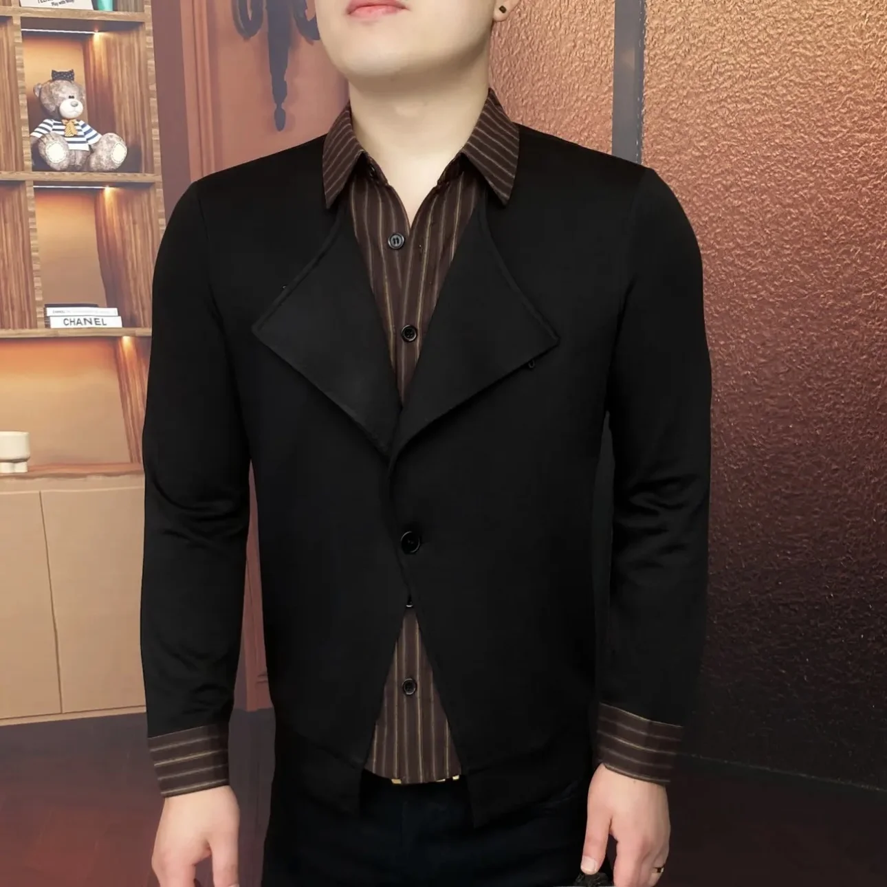 

Slim Fit Long Sve irt Men's Faionable Elastic Patterned Front Buttoned Casual Top Autumn New Sle Polyester Fiber