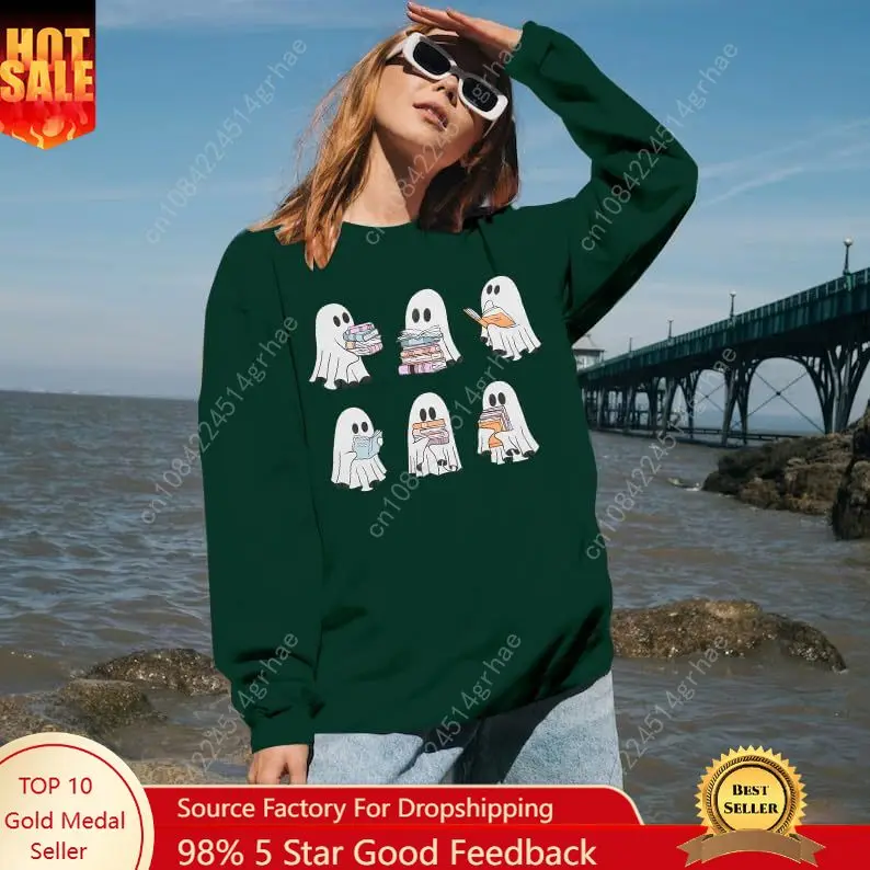 

UNIQUEONE Halloween Sweatshirts for Women Ghost Reading Books Sweater Cute Spooky Bookish Shirt Fall Pullover Tops
