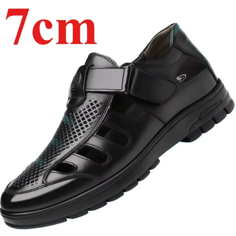 Summer Height Increasing Sandals Shoes for Men's 7cm Elevator Comfortable Genuine Leather Breathable Hollow Increased Shoes Male