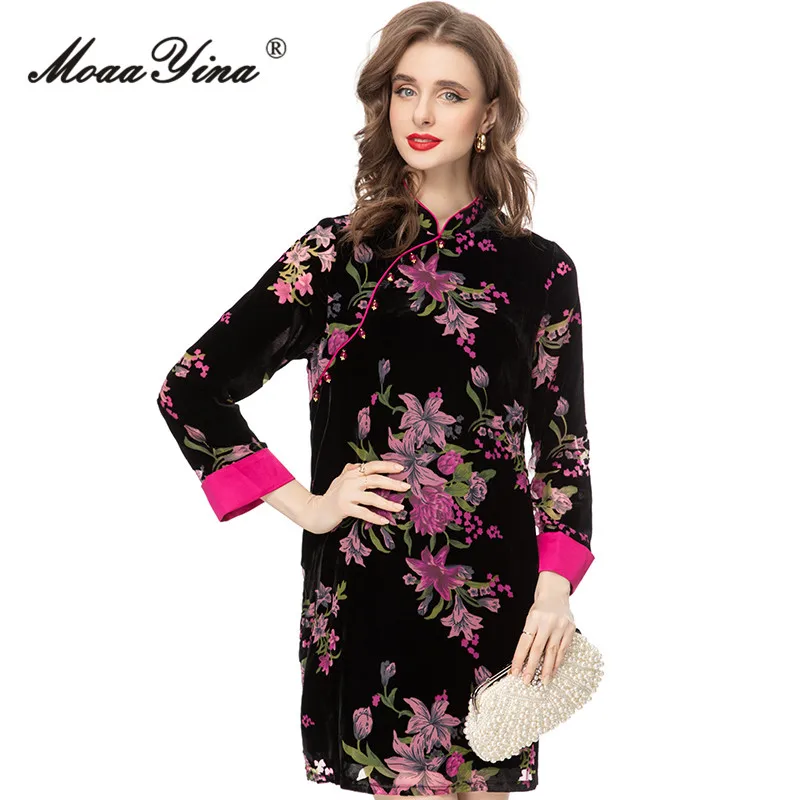 Moretenues Yina-Robe courte à imprimé floral pour femme, vêtement vintage, col montant, taille haute, slim, mini, mode automne