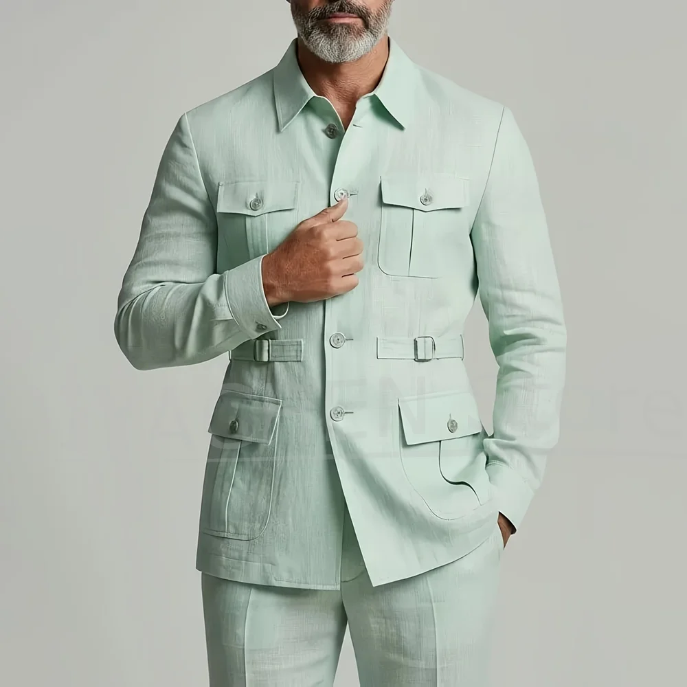 Chic Men 2 Piece Suit Multi Pocket Single Breasted Blazer And Pants Fashion Casual Formal Modern Gentleman Summer Outfit