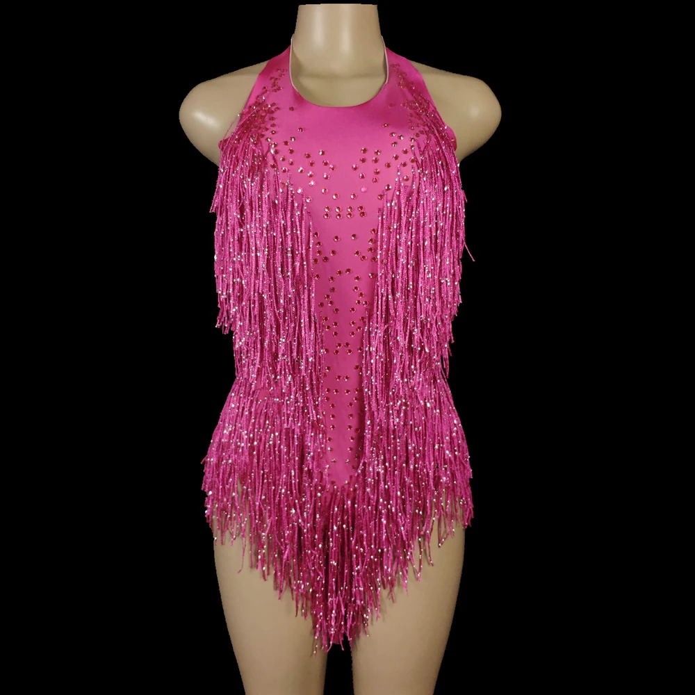 Sparkly Crystals Fringe Bodysuit Women Nightclub Party Outfit Dance Costume One-piece Stage Wear Sexy Performance Show Leotard