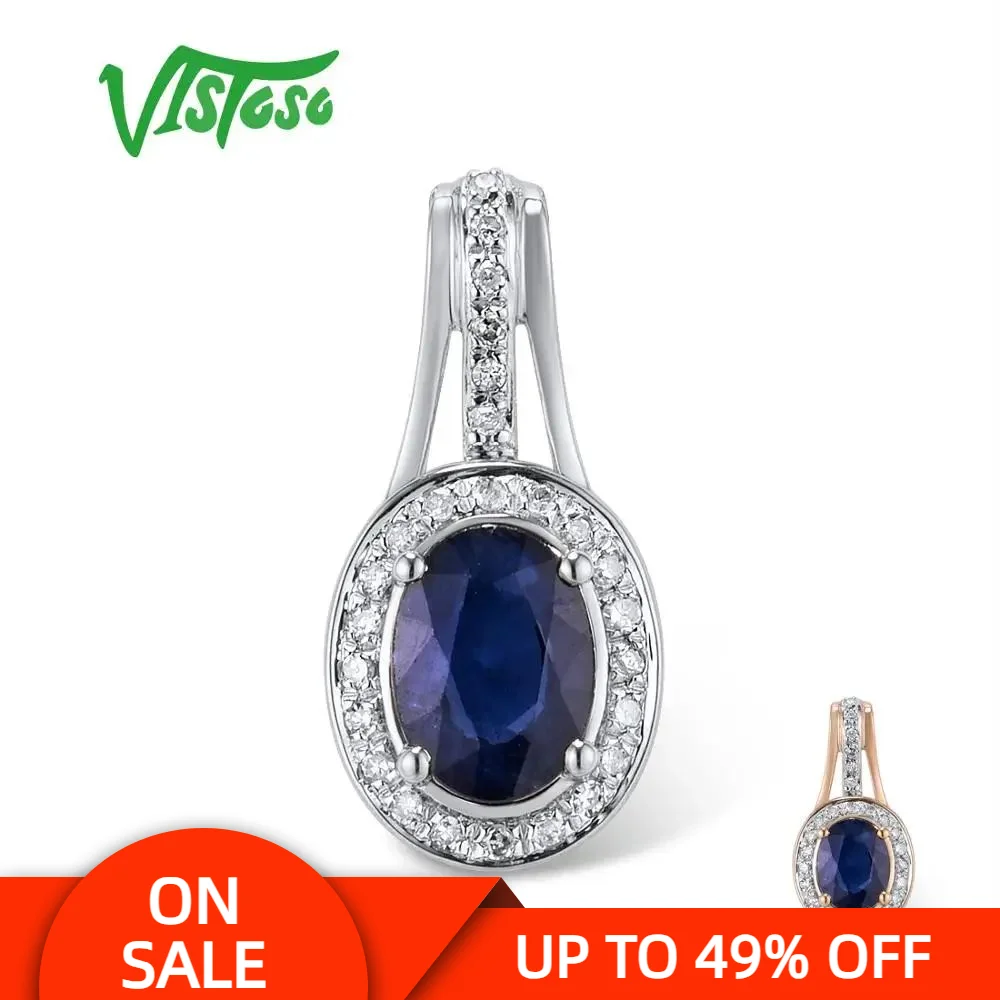 VISTOSO Pure 14K 585 Rose Gold Pendant For Women Sparkling Diamond Natural 7X5mm Oval Blue Sapphire Delicate Gifts Fine Jewelry