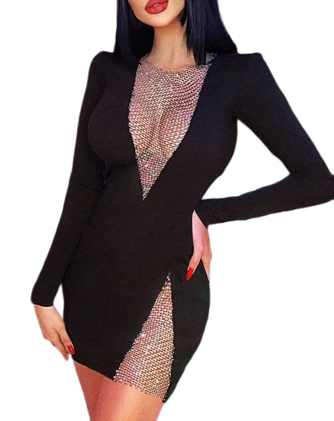 

Women Dress Sexy Party Gown Night Out Club Wear Trendy Round Neck Long Sleeve Contrast Paneled Fishnet Patch Bodycon Mini Dress