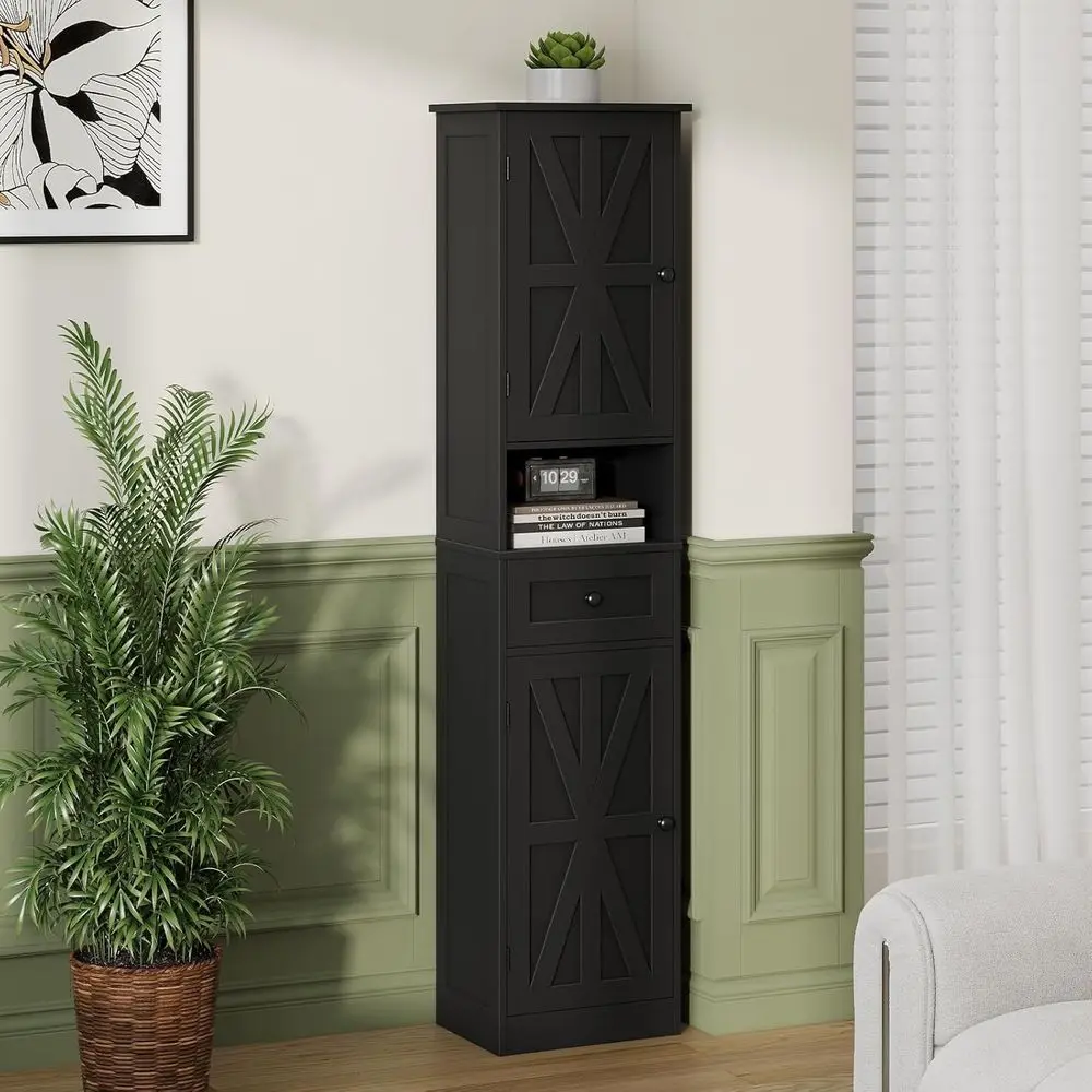 67 Высокоокремочный шкаф для ванной комнаты с 2 дверцами, 1 ящиком, 5 полками, открытым хранилищем, черный