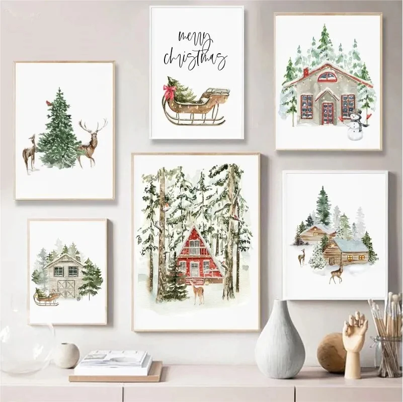 Christmas Forest Deer Woodland House Snow Truck Posters and Prints Canvas Painting Wall Art Pictures for Living Room Home Decor