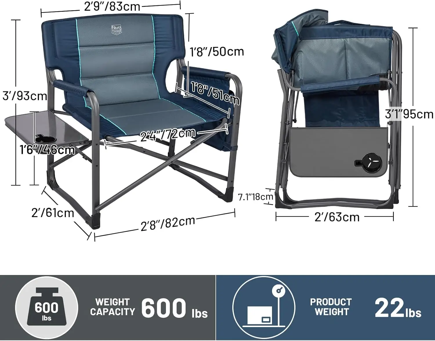 RIDGE XXL Upgraded Oversized Directors Chairs with Foldable Side Table, Detachable Side Pocket, Heavy Duty Folding Campin