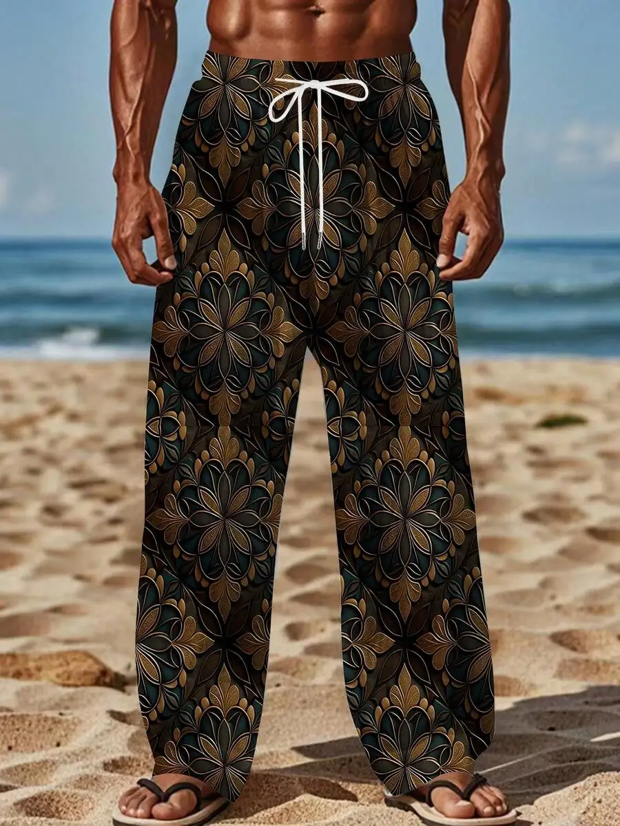 Golden Floral Mandala Pattern Relaxed Beach Pants For Men Summer Casual Wear