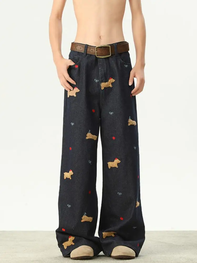 

Cool Straight Leg Men's Jeans Casual High Waist Wide Leg Pants Autumn Spring American Sle Streetwear Durable Wear Resistant