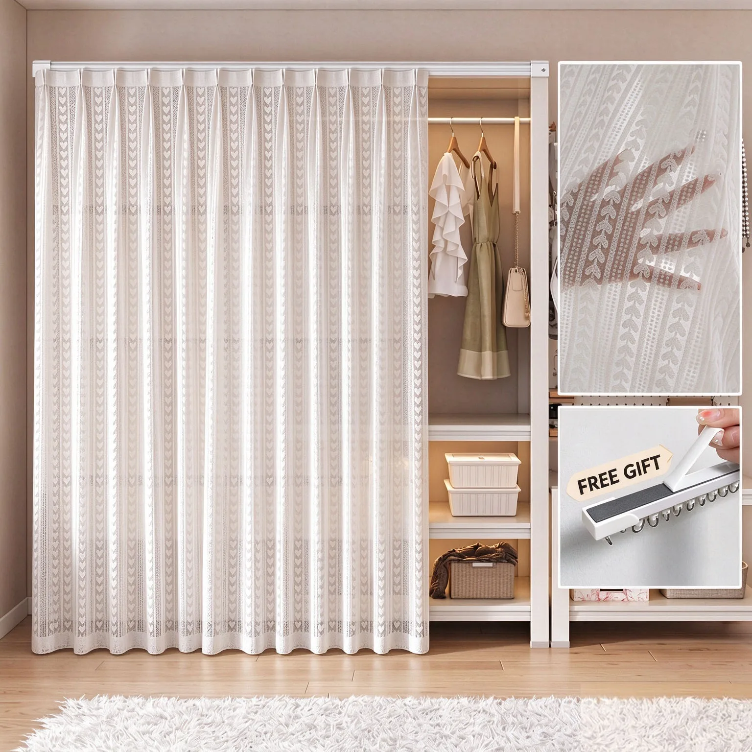 Dust Proof Privacy Curtain for Open Shelf Wardrobe, Sheer Masking Shade for Storage Rack, Sundries & Bookshelf Dust Cover