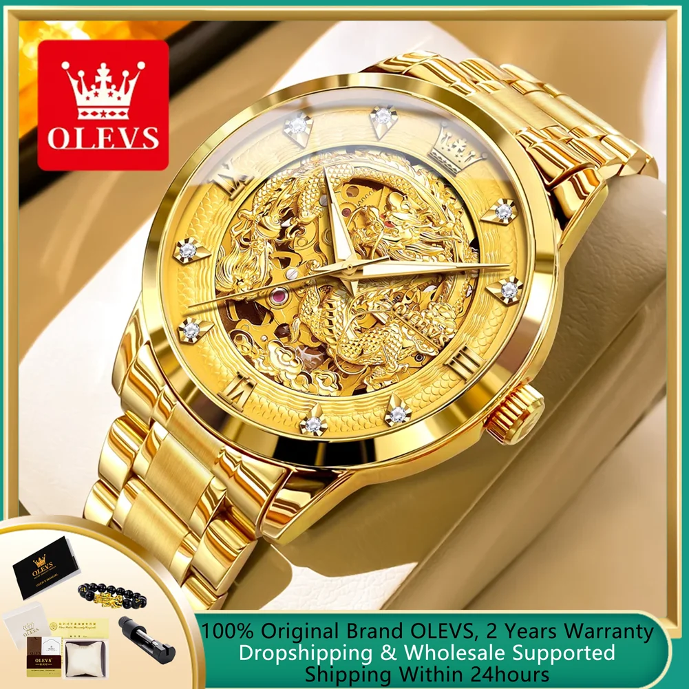 

OLEVS Top Original Automatic Watch for Men Luxury Brand Import Mechanincal Movement Men's Wristwatch Gold Skeleton Dragon Watch