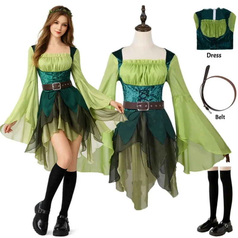 Vestido de elfa medieval verde para mujer, vestido de elfa mágica con alas y cinturón, disfraz de elfa para Halloween