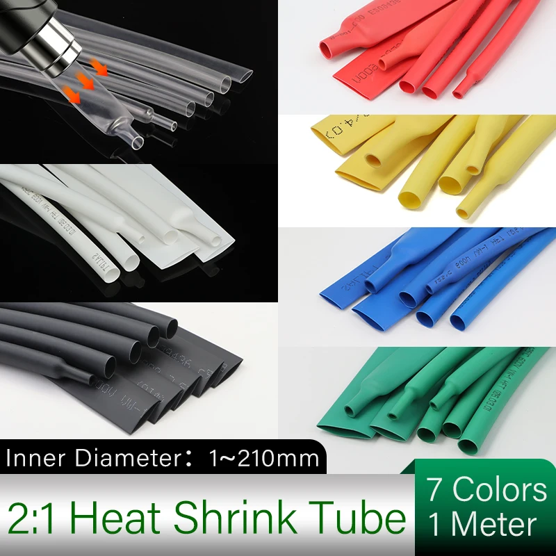 2:1 Heat Shrink Tube 1~210mm Dia Colored Polyolefin Insulation Shrinkage Tubing Connection Electric Wire Protector Sleeve1Meter