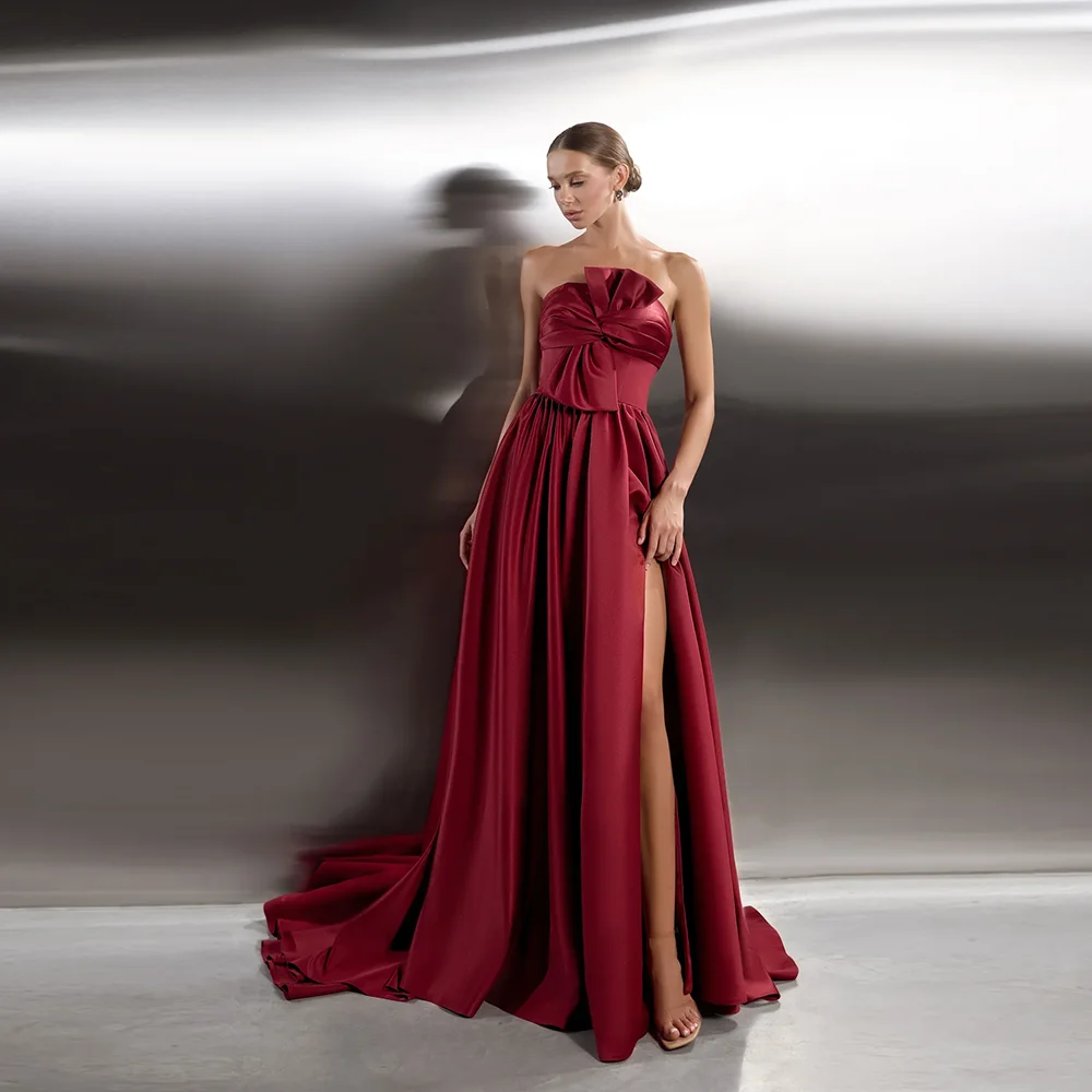 

Boat Collar Satin Pleated Bow Women Prom Party Dress Lace up A-line Backless Prom Holiday Gown with Train Vestidos De Novia